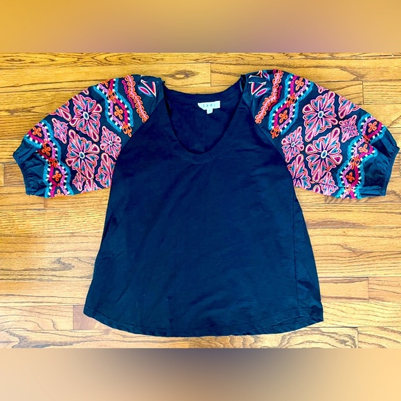 THML Tops - THML Black Multicolor Embroidered Puff Sleeve Top Blouse Women’s Size Small